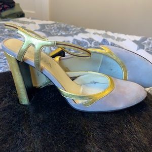 Prada Buff Suede and gold heels